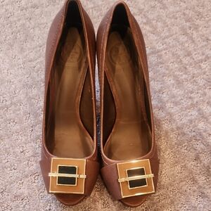 Tory Burch Brown Peep-Toe Pumps with Gold Buckle